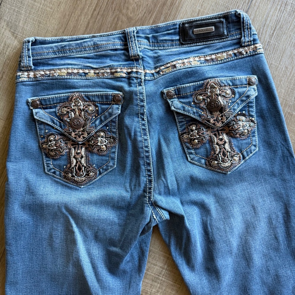 Sexy Couture Embellished Cross Bootcut Jeans Medium Wash Blue Size 7 Y2K